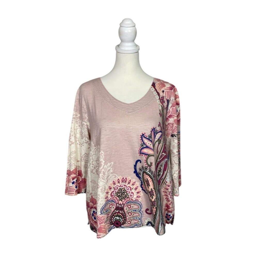 Chico’s 3P Top Pink Paisley Floral V Neck Short Sleeve Boho Lightweight Plus XLP
